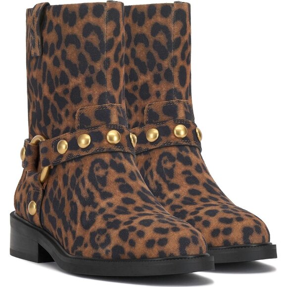 ⚡Women Leopard Print Suede Imported Pointy Toe Mid Calf Chunky Heel Biker Boot - Picture 7 of 7